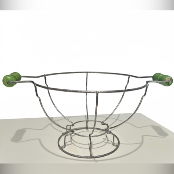 Vintage Serving Bowl Stand or Banana Basket Wooden Green Handles Rustic Metal - Picture 1 of 5